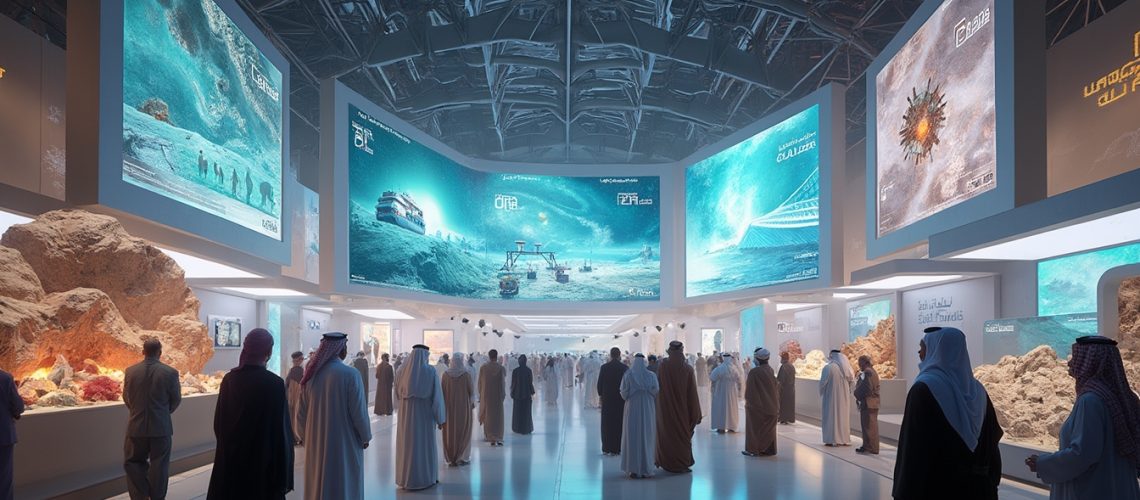 People in traditional attire viewing futuristic displays at an indoor exhibition with large screens.