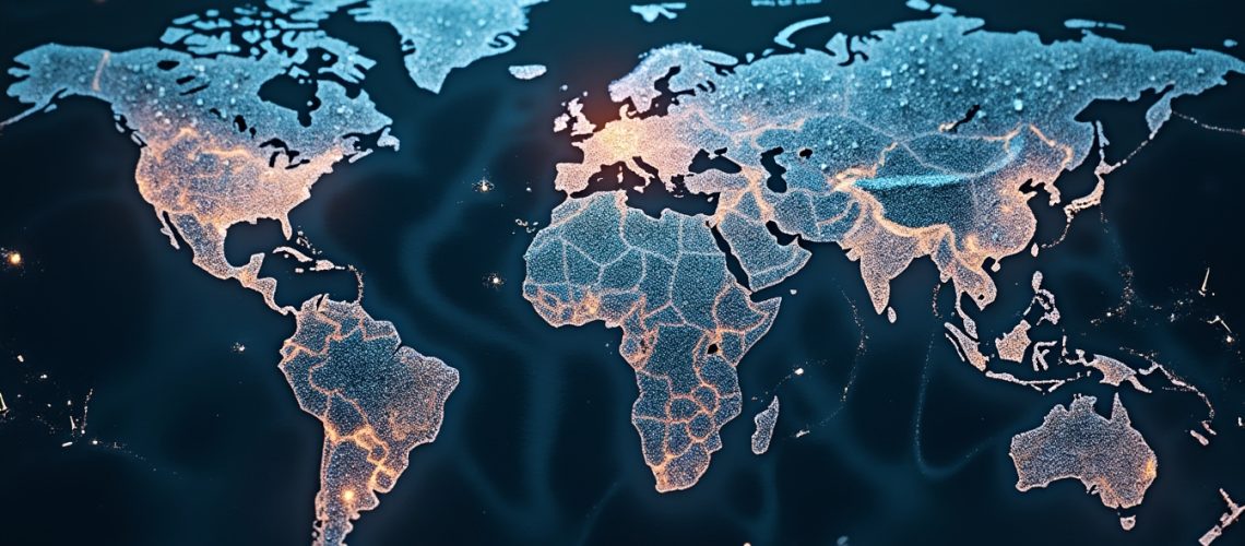 Glowing digital world map on a dark background with outlined continents.