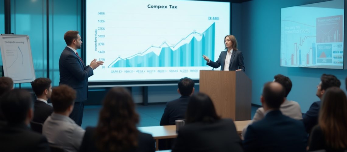 Business presentation with a woman at a podium and graphs displayed on a screen behind her.