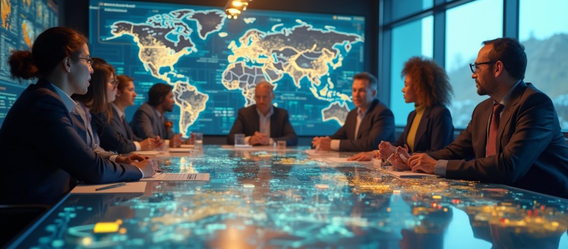 Professionals in a conference room with digital maps on the table and wall displays.