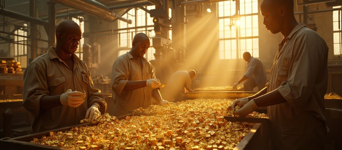 Workers in a sunlit factory sorting golden materials on tables.