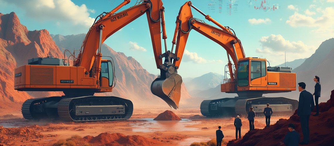 Two excavators at a construction site in a desert landscape, surrounded by people in business attire.