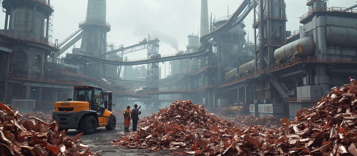 Industrial scene with machinery, workers, and large piles of metal debris in a foggy factory setting.