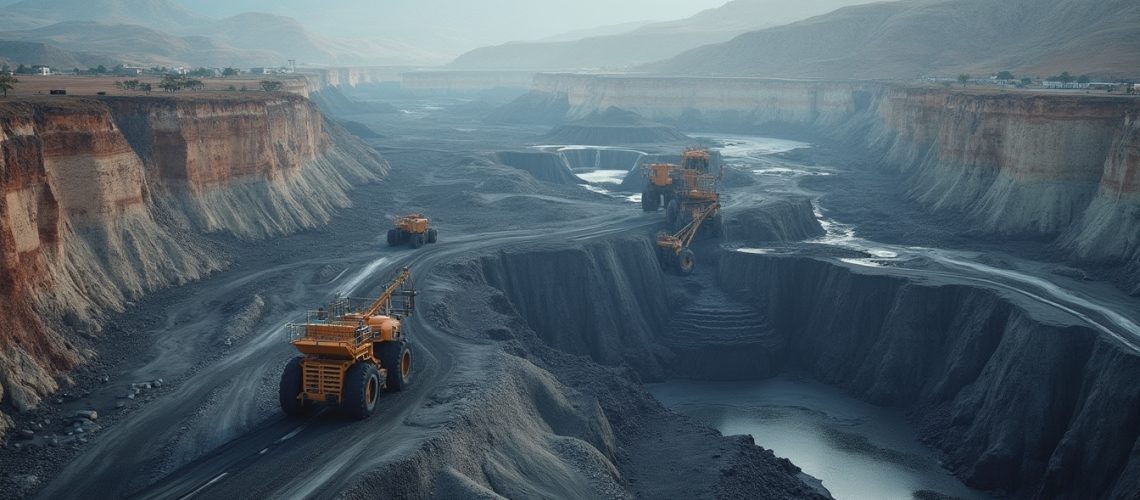 Large mining trucks operate in a vast, open-pit mine surrounded by rugged cliffs and mountains.