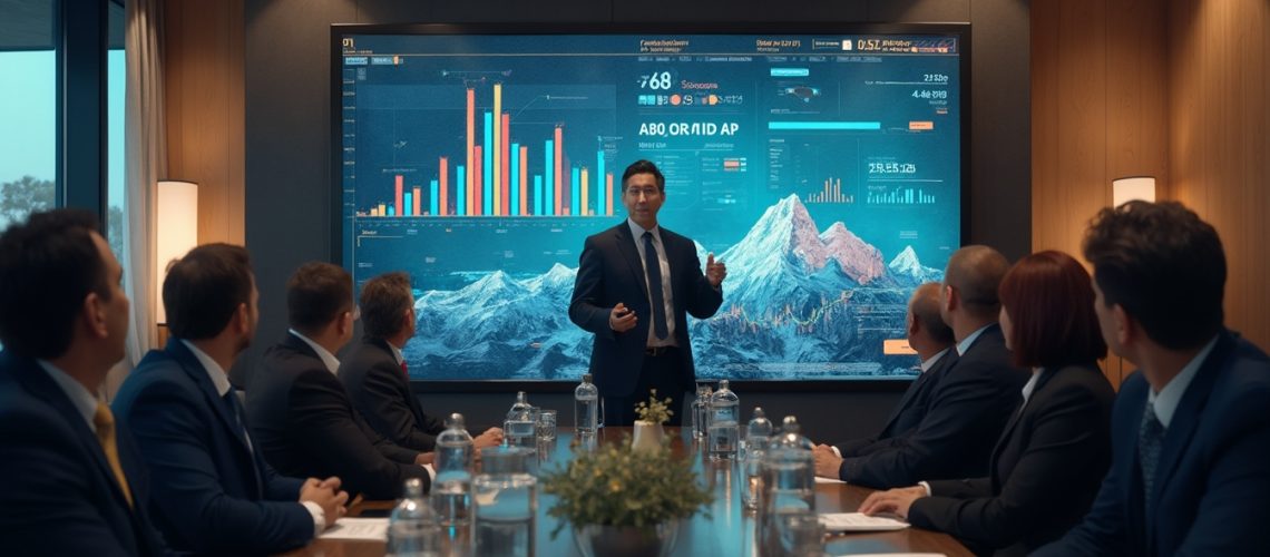 Business meeting with a presenter in front of a large screen showing colorful data charts and graphs.