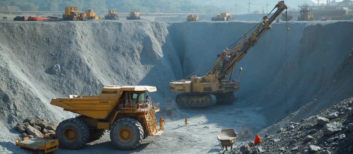 Large excavator and dump truck working in an open-pit mine, with workers in safety gear nearby.