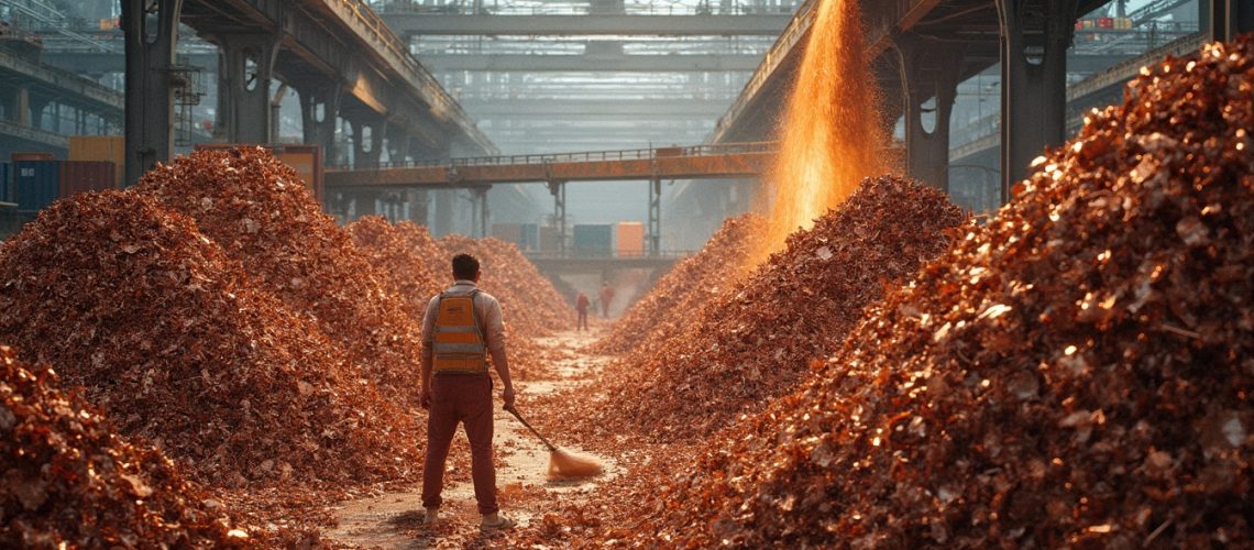 Worker sweeping between piles of metal scrap in a large industrial warehouse with orange light.