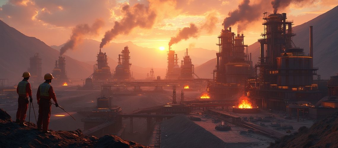 Industrial copper smelting plant at sunset.