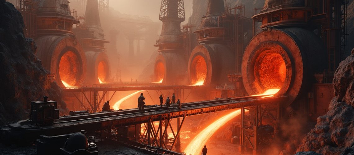 Industrial scene with molten metal flowing from large furnaces, workers on a platform, and smokey air.