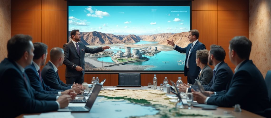 Business meeting with presentation of futuristic coastal city on a large screen.