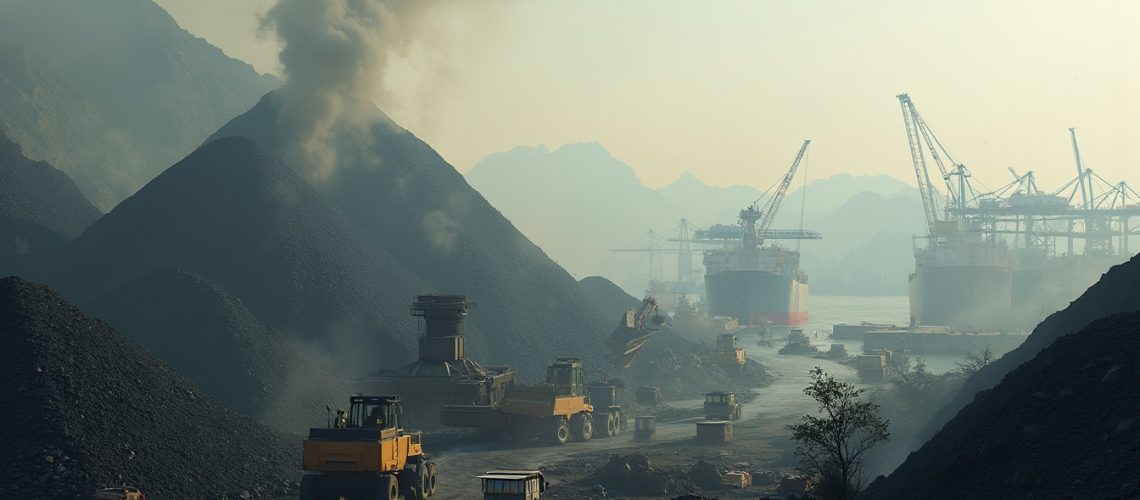 Industrial port with cranes, large ships, and vehicles moving coal amidst smoky hills.