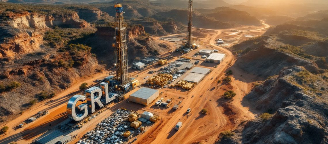 Godolphin Resources Ltd-GRL-Aerial view of an industrial site with machinery in a desert landscape at sunset.