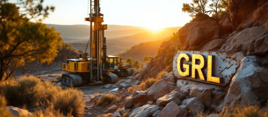 Godolphin Resources Ltd-GRL-Sunset over a rocky terrain with a large "GRL" sign and drilling equipment in the background.