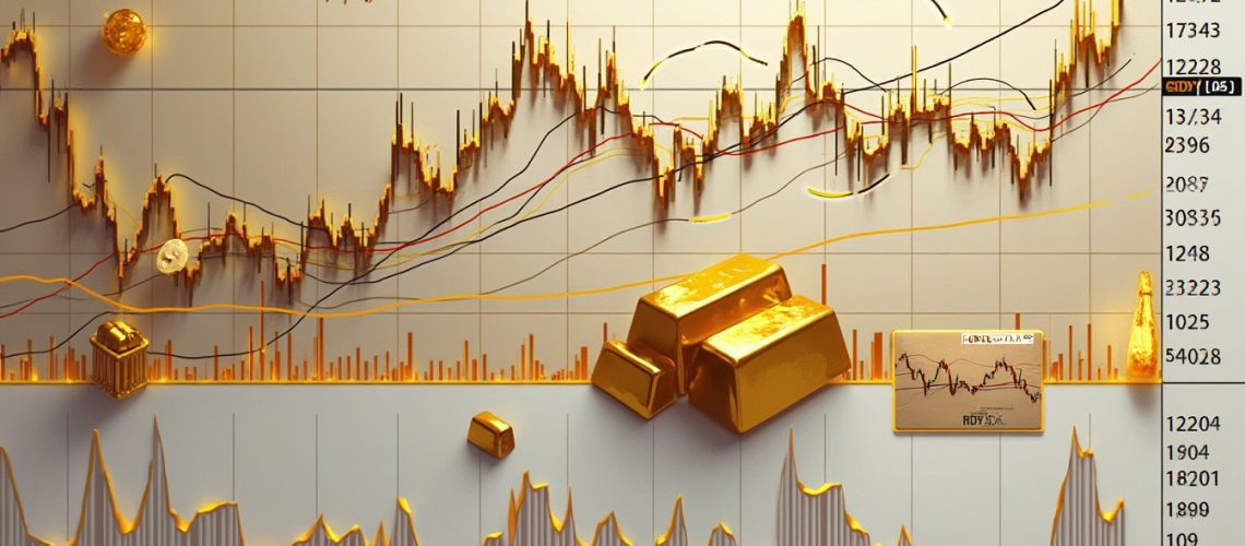 Gold bars and coins overlaid on a stock market graph with fluctuating trends and annotated text.