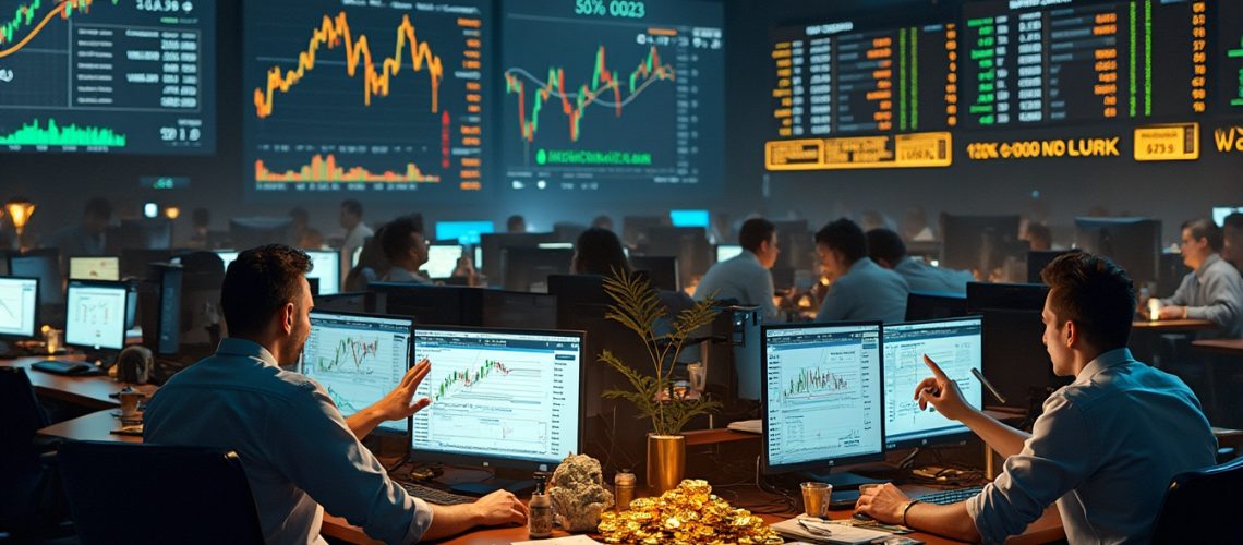 Traders analyzing graphs in a vibrant office with large financial displays and computer screens.