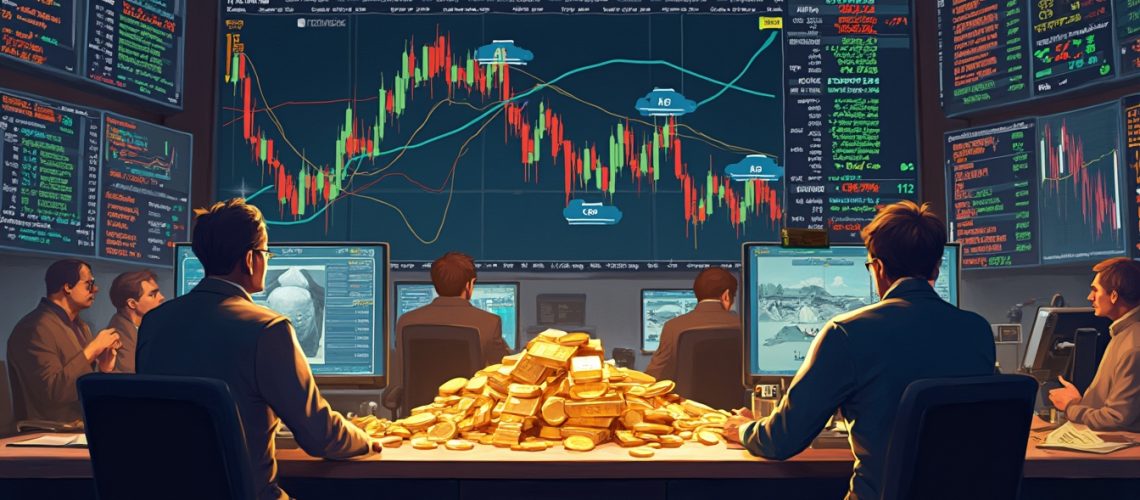 Traders analyze market data on screens with a pile of gold bars and coins on the table.