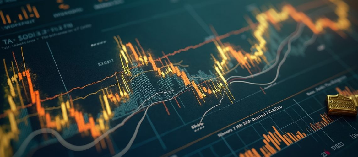 Colorful financial chart with data points and trend lines on a dark background.