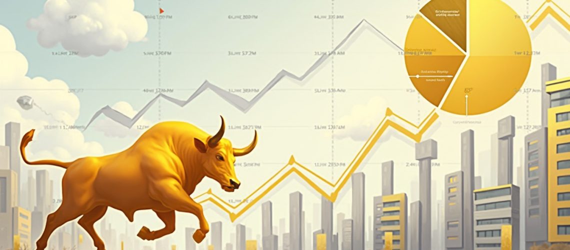 Golden bull charging against a backdrop of skyscrapers, graph, and pie chart, symbolizing market growth.