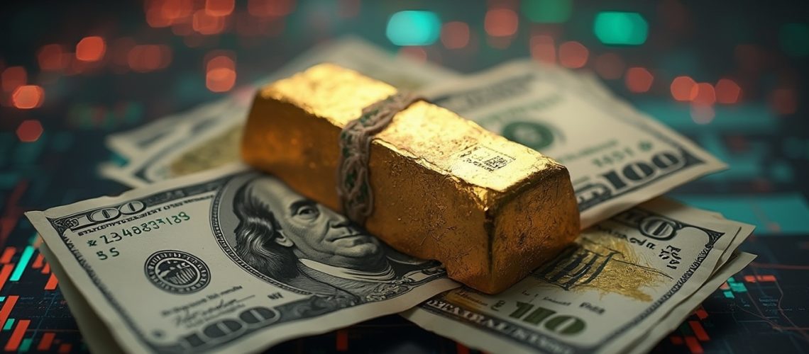 Gold bar resting on hundred-dollar bills with digital stock market graph background.