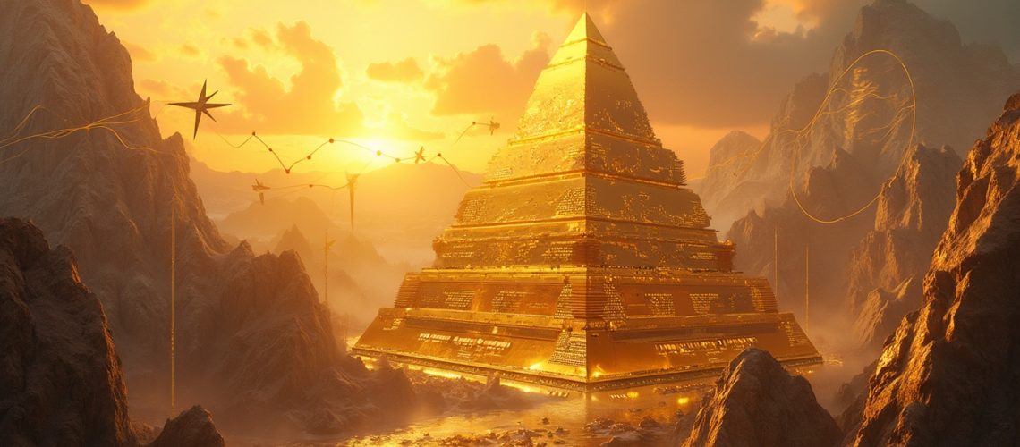 Golden pyramid amidst dramatic sunset.