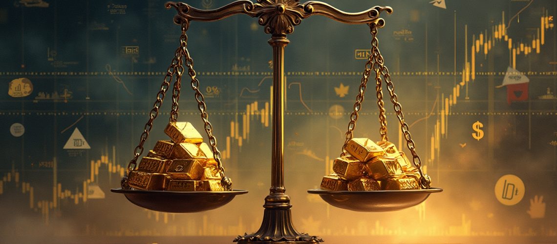 Golden scales balancing bars against a stock market graph backdrop.