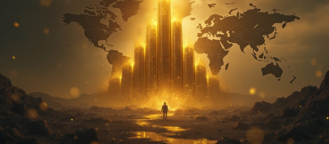 Person walking toward glowing golden towers with a world map in the background.