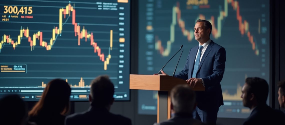 Man in suit presenting financial charts to an audience in a conference room.