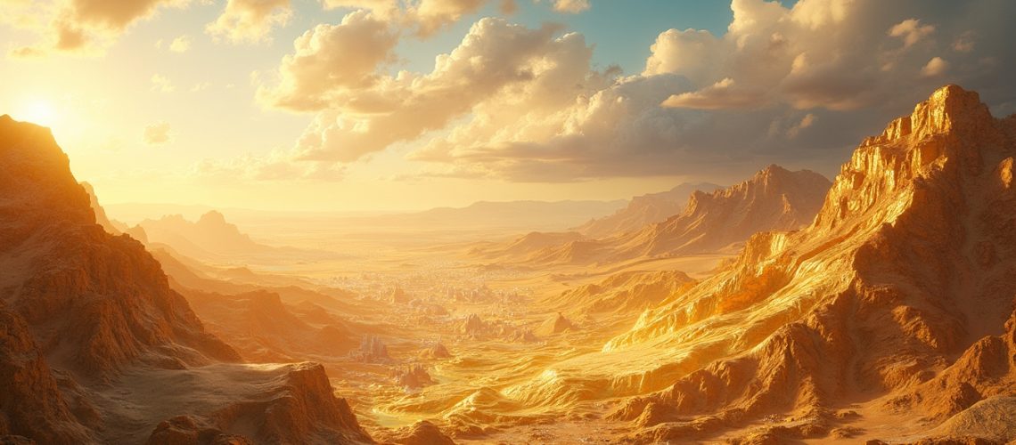 Golden mountainous landscape at sunset.