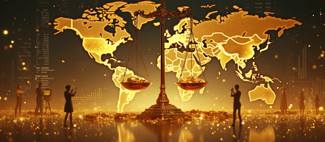 Golden scales of justice in front of a world map, surrounded by silhouetted people and digital data.