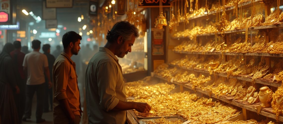 Man browsing gold jewelry in market.