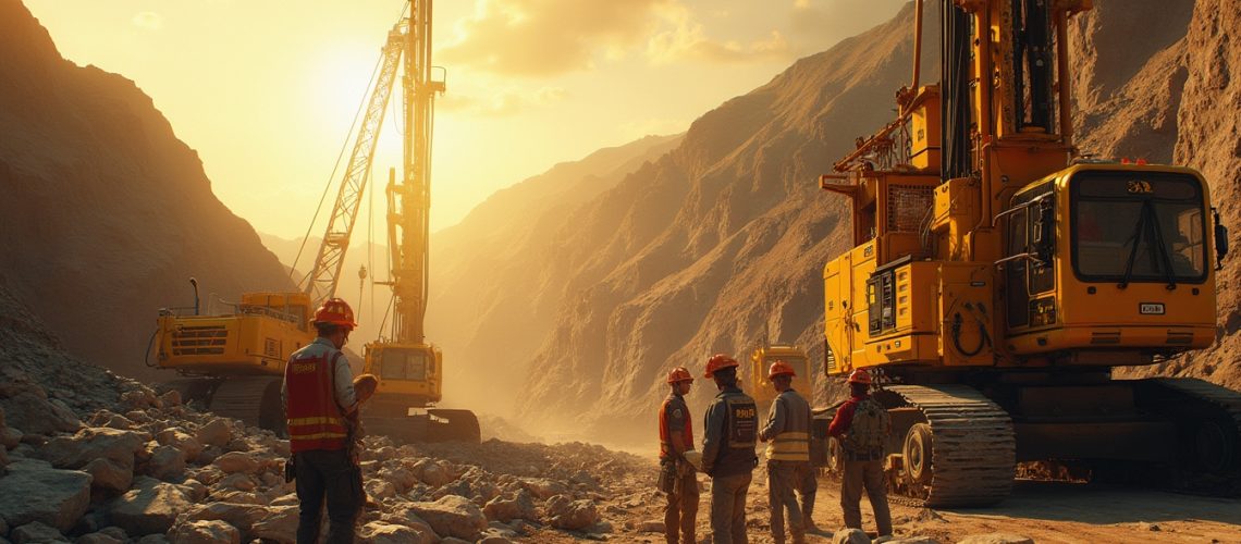 Mining site at sunrise with workers.