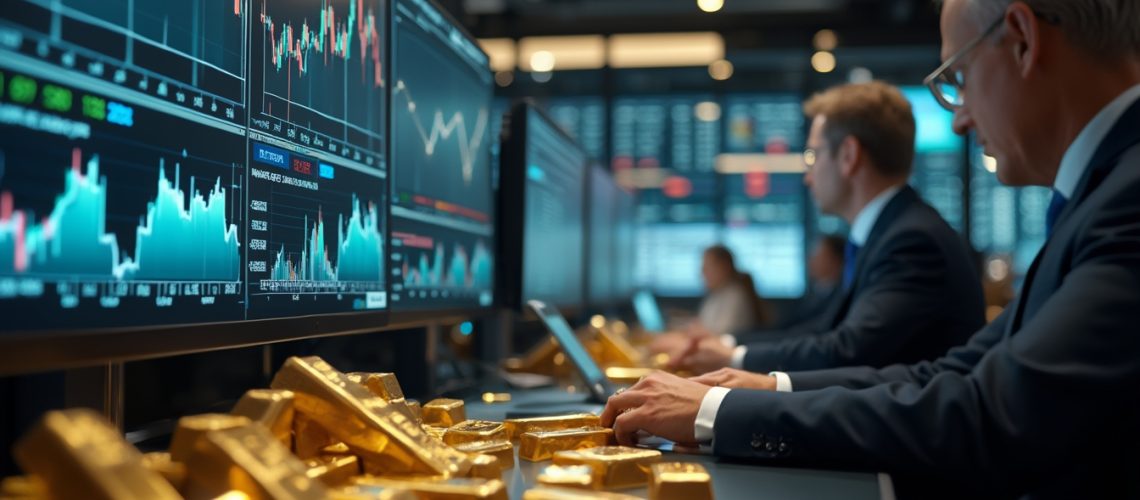 Traders working with golden bars and financial graphs on screens in a busy office setting.