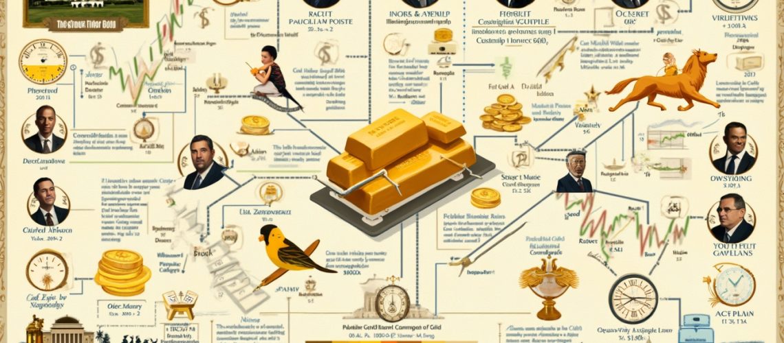 Complex infographic featuring gold bars, people, charts, and various interconnected financial elements.