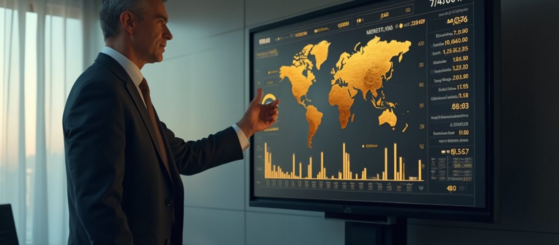 Businessman interacts with a digital world map on a large display screen in an office setting.