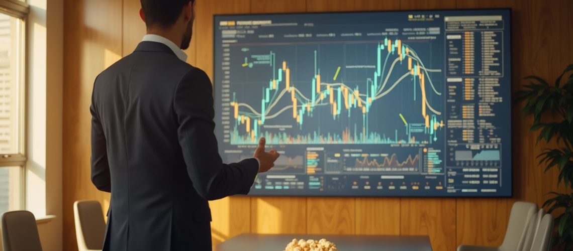 Person in suit analyzing stock charts on a large screen in a modern conference room.