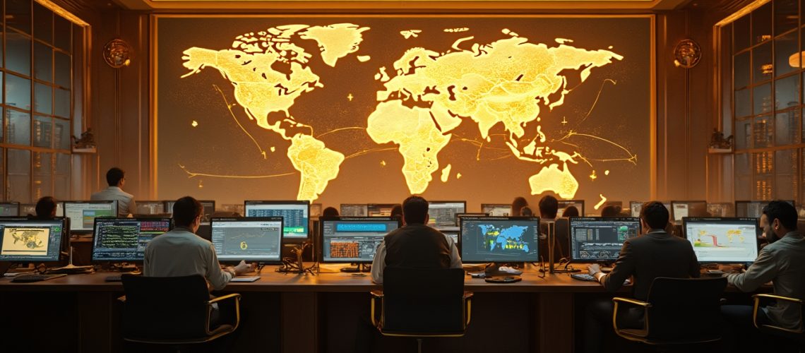 Global trading room analyzing gold market.