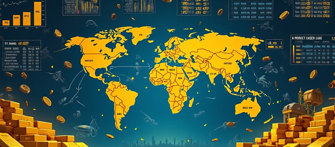 World map with data charts and floating coins, surrounded by stacks of gold bars.