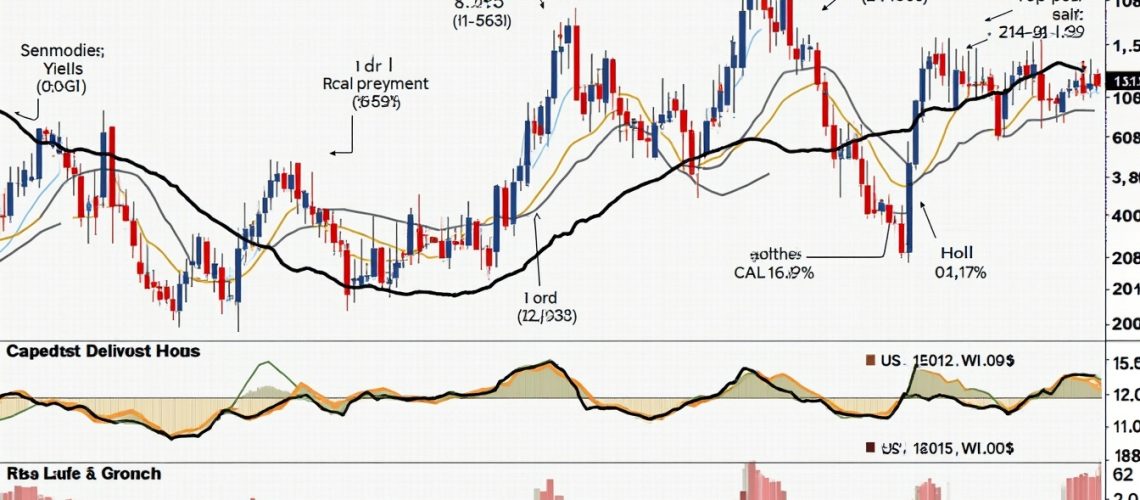 Candlestick chart with various technical indicators and annotations in indecipherable text.