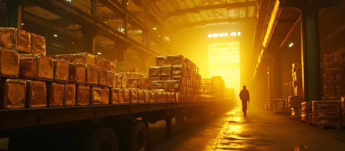 Stacks of gold bars in warehouse.