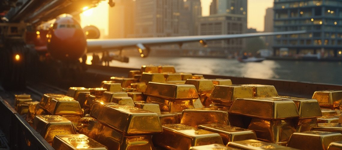 Gold bars on a conveyor belt with a plane and city skyline in the background at sunset.