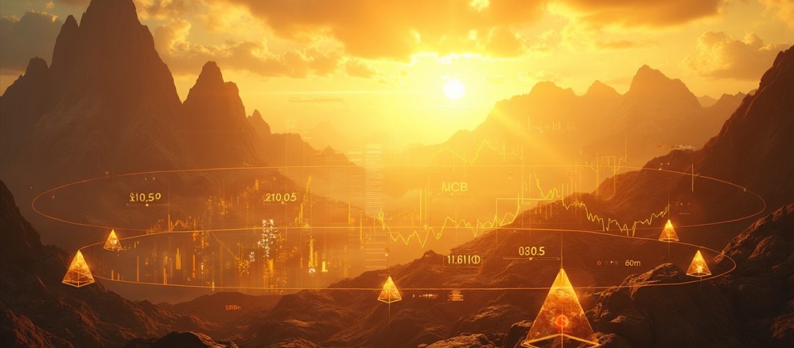 Sunset over mountains with gold charts.