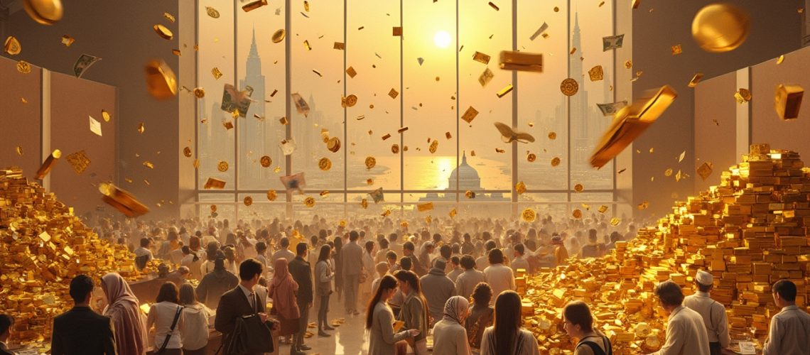 Crowd in a grand hall filled with flying gold coins and bars, against a sunset city skyline.