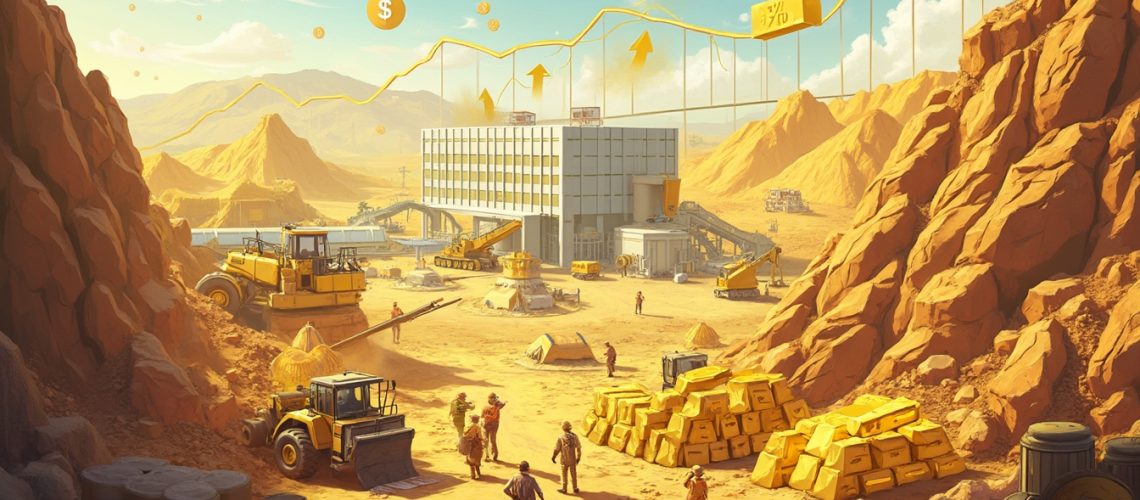 Desert mining site with gold bars, trucks, and workers. Graphs and dollar symbol in the sky.