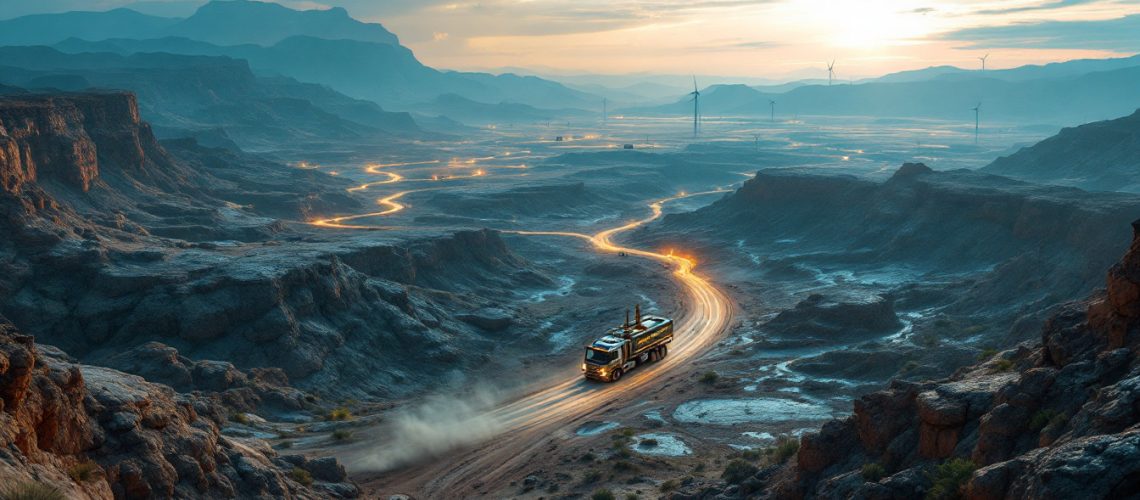 Gold Mountain Ltd-GMN-Truck on a winding desert road at dusk, wind turbines in the distance. Dust trailing behind.