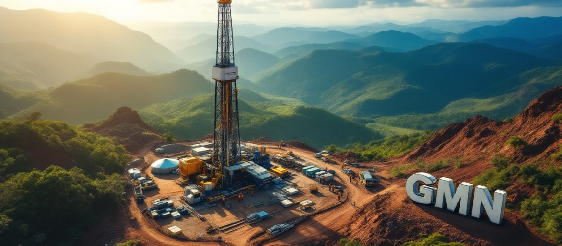 Gold Mountain Ltd-GMN-Mountain landscape with a drilling rig, vehicles, and large GMN letters at sunset.