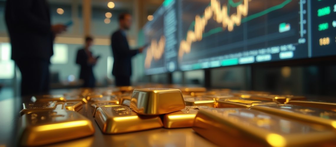 Gold bars on a table with traders and stock charts in the background.