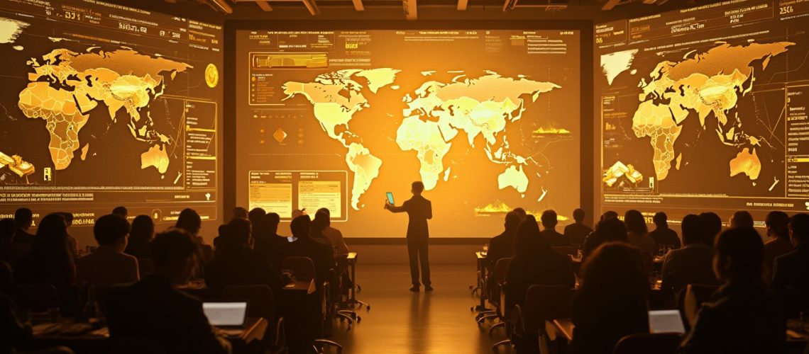 Person presenting world maps and data to an audience in a dimly lit conference room.