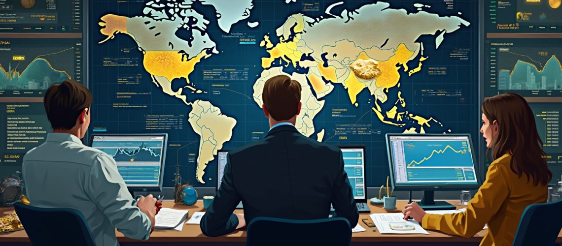 Three analysts monitor global markets on multiple screens with a world map highlighting gold regions.