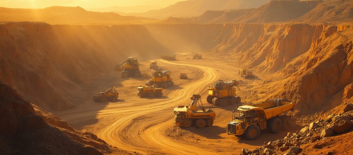 Excavators and trucks in a sunlit, rocky canyon.