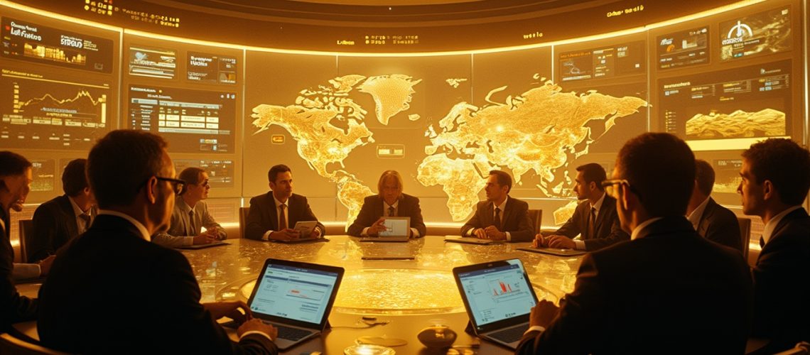 Business meeting in high-tech room with world maps and data screens.